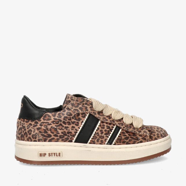 Bruine suède HIP Shoestyle H1102 36CO sneaker met luipaardprint zwarte zijstrepen dikke beige veters en offwhite zool