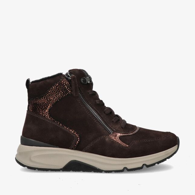 Bruine Rolling Soft sneakerboot model 76.888.41 in leercombinatie met rits veters koperkleurige accenten en dikke beige zool