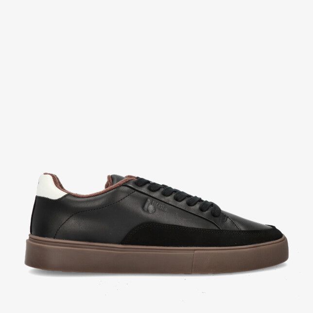 Zwarte leren Blackstone EG560 BLWH lage sneaker met suède inzet bruine zool en wit hielstuk