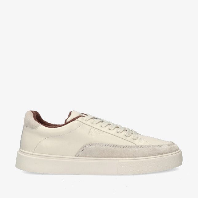 Beige Blackstone EG560 DSTO leren lage sneaker met suède details dikke zool en bruine gewatteerde kraag