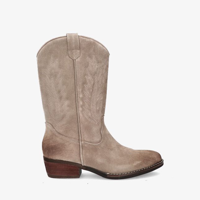 Taupekleurige suède westernlaars PS Poelman model CLSHN902988 02RPOE met gestikte schacht ronde neus en lage blokhak