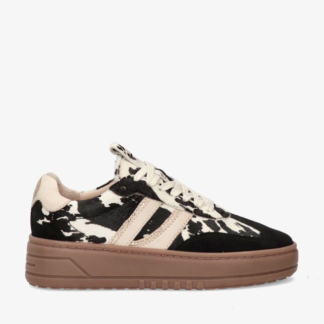 Zwarte leren PS Poelman LPANEMONE 49POE5 sneaker met koeienprint in vachtlook beige accenten en dikke bruine zool