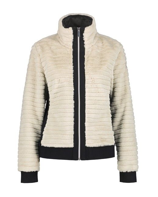 Gebroken witte Luhta jas 38255 432L 021 met geribde teddylook hoge kraag zwarte zijpanelen en ritssluiting