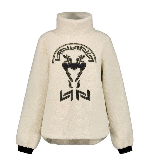 Gebroken witte Luhta trui model 38246 329L 021 in teddy fleece met hoge kraag zwart rendiermotief en elastische manchetten