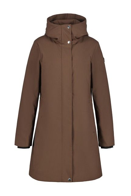 Bruine Luhta jas model 38448 363L 190 met capuchon middellange parka look gladde stof verborgen rits en drukkers