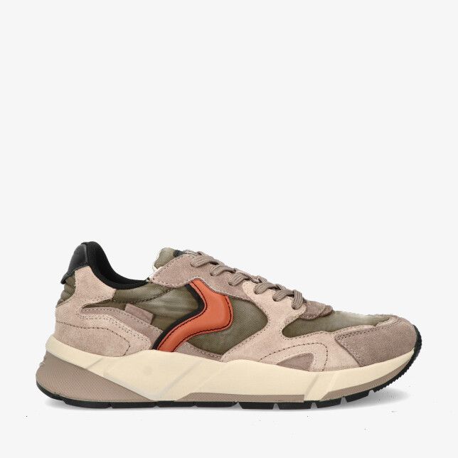 Taupe suède sneaker Voile Blanche Club19 12019591 02-1E99 met olijfgroene mesh panelen oranje detail en dikke beige zool