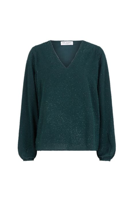Petrolkleurige Lofty Manner blouse QJ07.1 418 met V-hals lange mouwen met elastiek losvallend met subtiele textuur