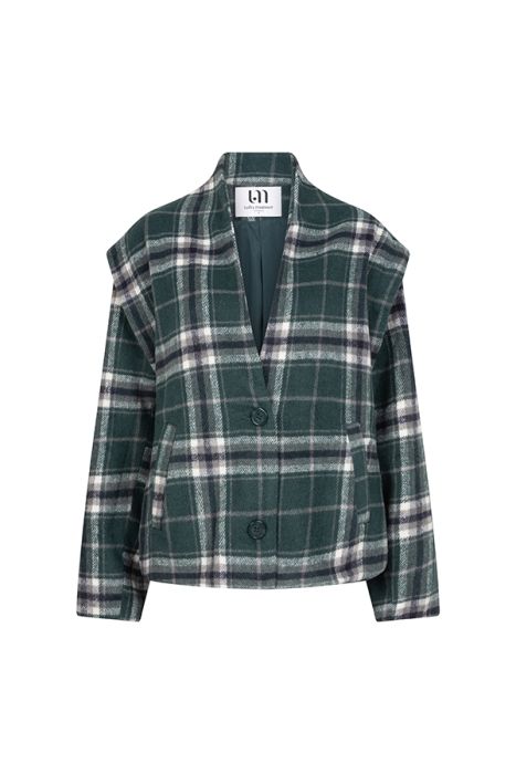 Petrolkleurige geruite blazer van Lofty Manner model QJ305 418 met diepe V-hals twee knopen en steekzakken wolachtige look