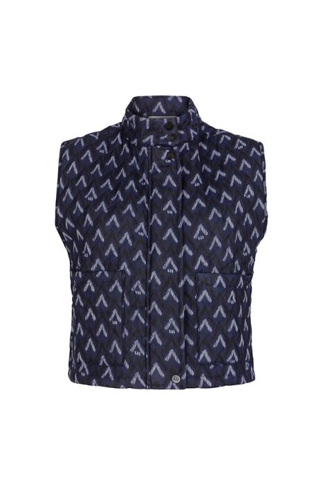 Blauwe Lofty Manner QJ41 823 bodywarmer met hoge kraag gewatteerde stof chevronpatroon knopen en grote zakken