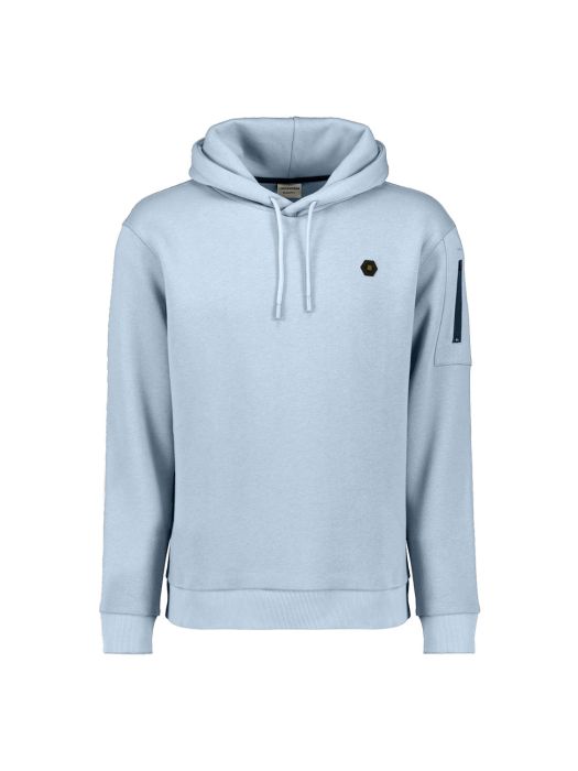 Blauwe hoodie van No Excess model 29130850 138 met trekkoordcapuchon ribboorden borstlogo en ritszak op de mouw