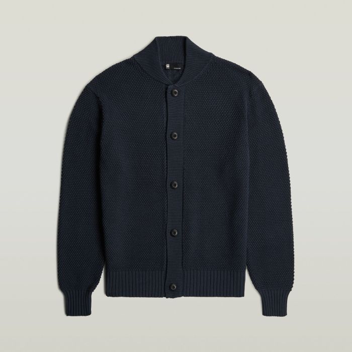 Blauwe G-Star Raw vest D27108-D631 7160 met grove gebreide structuur knoopsluiting ribkraag en geribde boorden