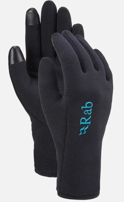 Zwarte Rab QAH 56 BL fleecehandschoenen met slanke pasvorm blauw Rab logo en touchscreen vingertoppen