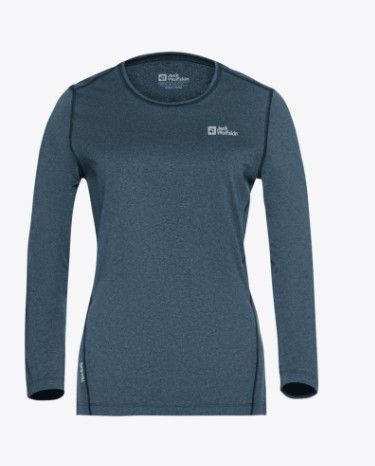 Blauwe Jack Wolfskin Thermal L/S W longsleeve met ronde hals melangelook en borstlogo model 1808961 C0412