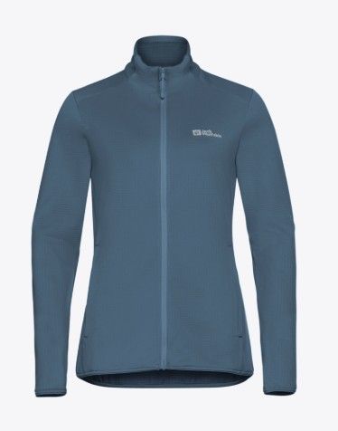 Blauwe Jack Wolfskin Kolbenberg FZ W A63965 C0412 met volledige rits opstaande kraag subtiele textuur en borstlogo