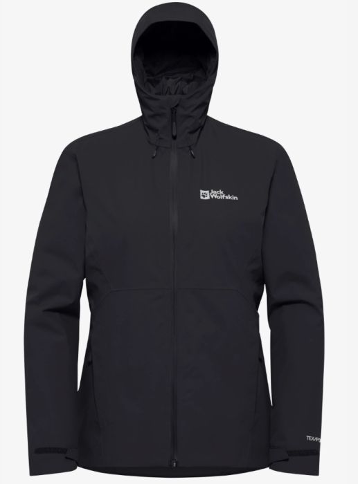 Zwarte Jack Wolfskin Wisper Ins Jkt W A61893 6000 met capuchon doorlopende rits velcromanchetten en logo op de borst