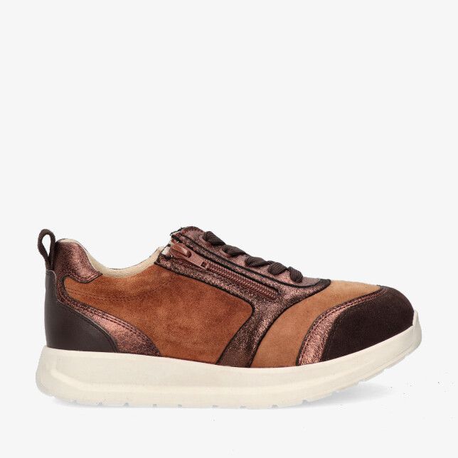 Bruine Nimco Jade 70118.2 360 sneaker met stretchcombi van suède en metallic panelen met rits en veters op witte zool