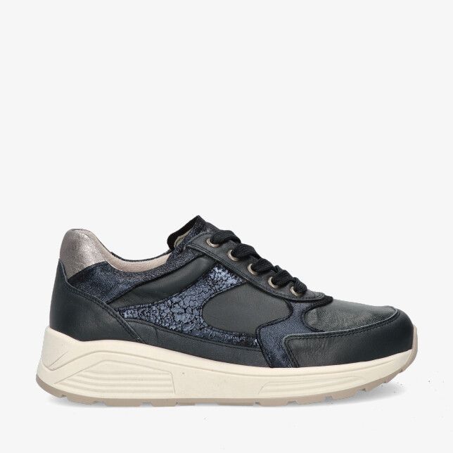Blauwe Nimco Polish 70404.3 220 leren combi sneaker met dikke crèmekleurige zool glanzende en craquelé panelen