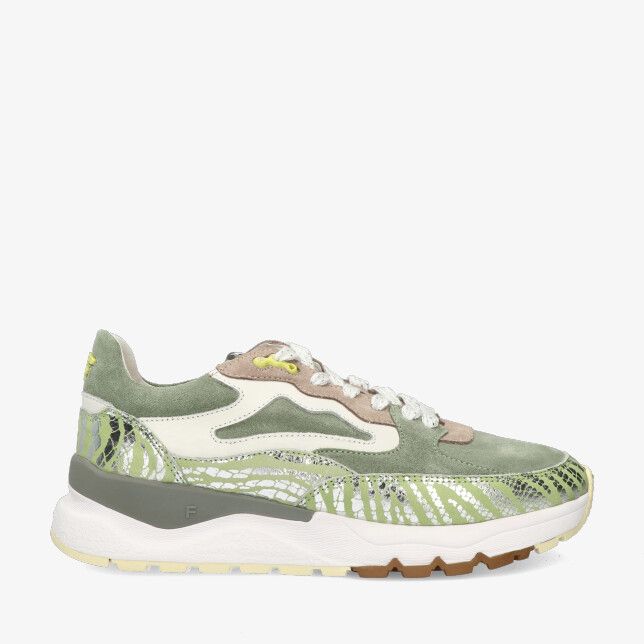Groene Floris van Bommel Treni SFW-10163 52-01 sneaker van leren combi met suède details zilveren print en dikke witte zool