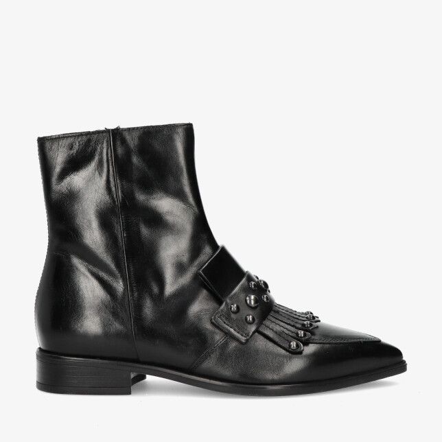 Zwarte leren MJUS L63202 Nero enkellaars met puntneus lage hak en wreefband met studs en franjes glanzende finish