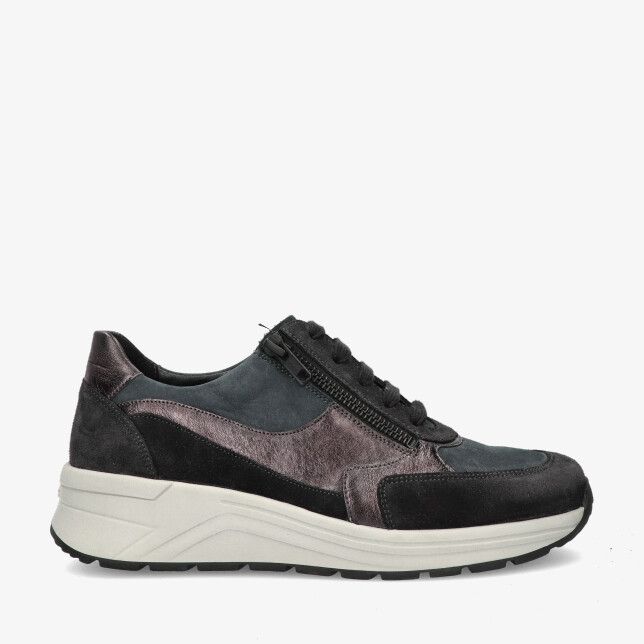 Zwarte Solidus Karma 59083 21009 sneaker in leren combinatie met suède panelen veters en rits en lichte chunky zool