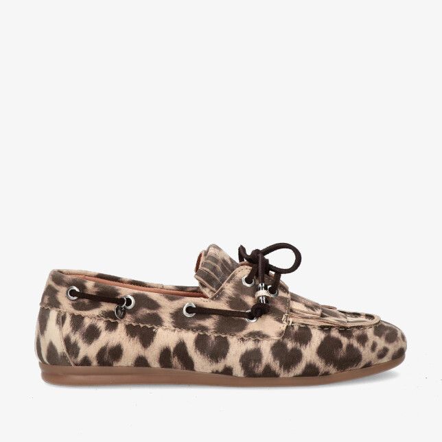 Beige suède Via Vai JUNE LOUA 62374 03-315 mocassin met panterprint en veterdetail