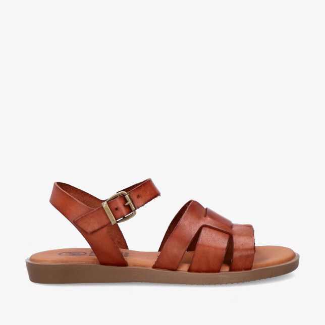 Heeshoes 26363 Cuero cognackleurige leren sandaal met gekruiste bandjes een gouden gesp en een platte zool