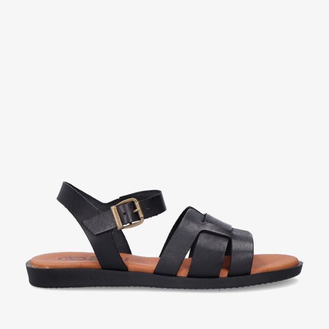 Zwarte leren Heeshoes 26363 Negro sandaal met platte zool brede gekruiste bandjes en enkelriem met metalen gesp