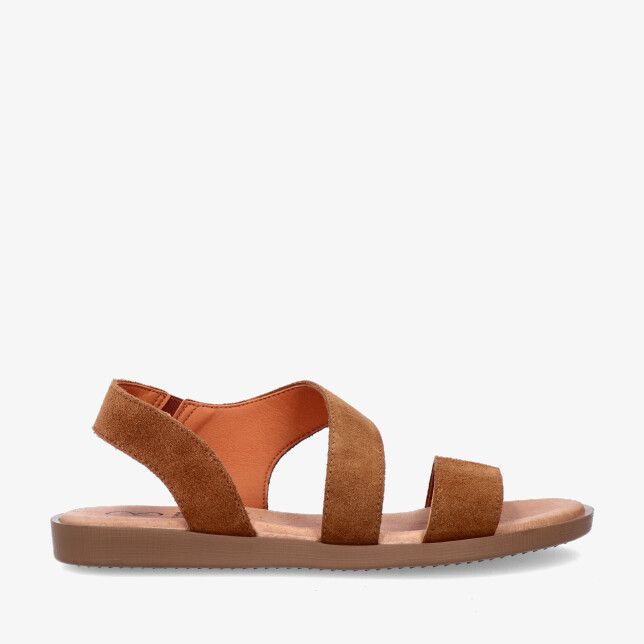 Cognackleurige suède Heeshoes 26362 Setter sandaal met drie brede bandjes en slingback op een platte rubberzool