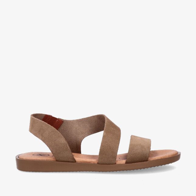 Taupekleurige suède Heeshoes 26362 VISON sandaal met drie bandjes elastische hielband en platte bruine zool