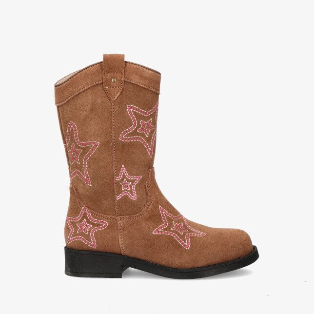 Cognackleurige suède westernlaars Shoesme NW25W012 A met roze sterrenstiksels ronde neus en zwarte blokzool