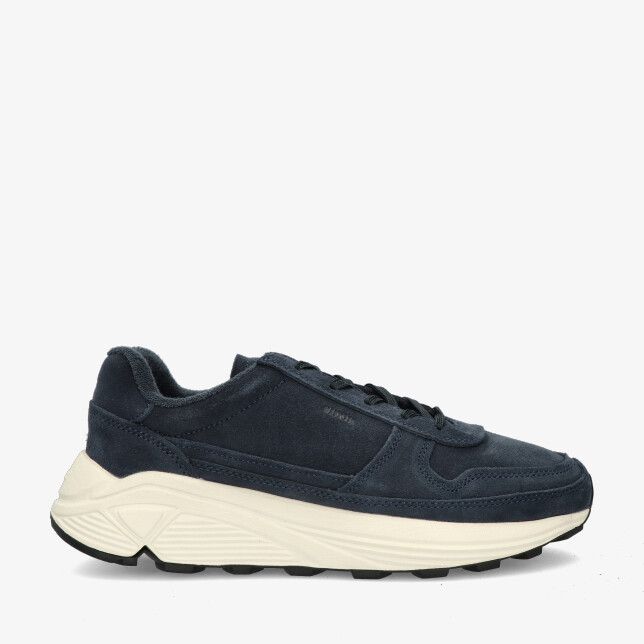 Blauwe suède Blackstone EG595 sneaker met lage vetersluiting en dikke gebroken witte zool