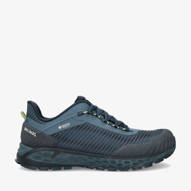 Blauwe Meindl Power Walker 5504 68 lage wandelschoen met mesh bovenwerk streeppatroon groene accenten en profielzool