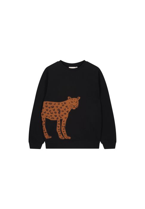 Zwarte Fabienne Chapot sweater CLT-SWE-02-AW25 9001 met grote oranjebruine panterprint hartjesvlekken en ribboorden