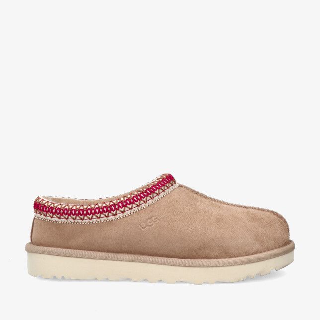 Beige suède UGG Tasman slipper model 1174470 SDDR met rode geweven boord en dikke crèmekleurige profielzool