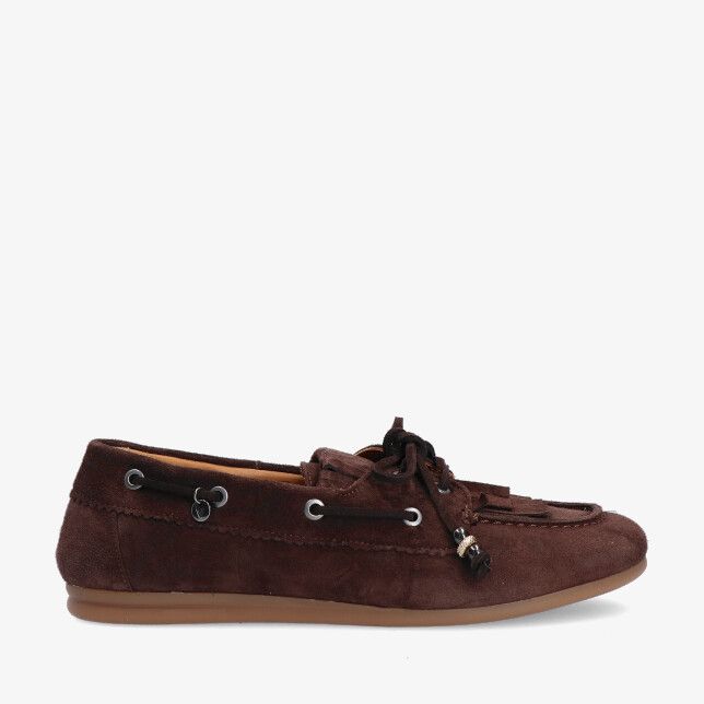 Bruine suède Via Vai June Loua 62374 01-316 mocassin met mocneus veter met metalen oogjes en dunne rubberzool