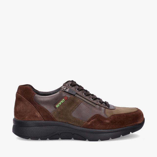 Bruine Sano AMORY 3678/25566/1551/3691 sneaker in leren combi met suède panelen zijrits veters en zwarte profielzool