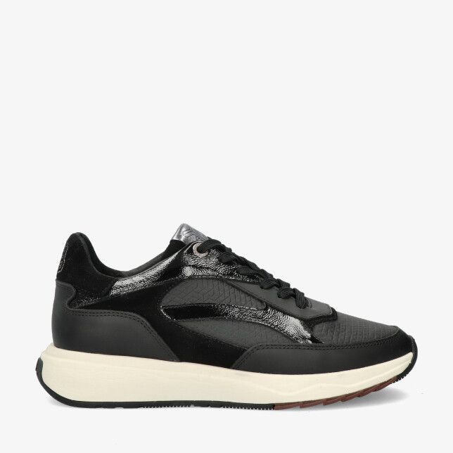 Zwarte Floris van Bommel SUVI SFW-10138 10-01 sneaker in leercombi met glanzende en reliëfdetails en crèmekleurige zool