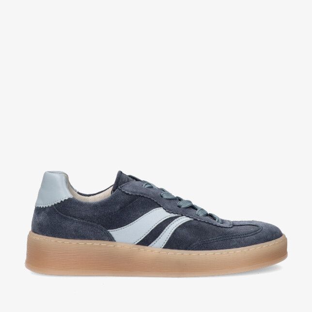 Blauwe suède Gabor 86.475 36 sneaker met lichtblauwe strepen en hielstuk op een dikke gumzool met veters