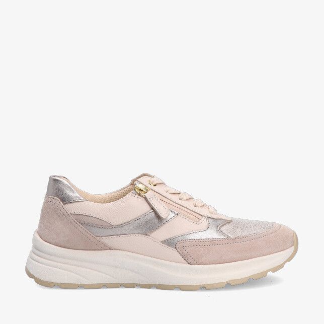 Beige Gabor sneaker model 86.597 34 met stretchcombinatie suède en metallic accenten veters en zijrits op lichte platformzool