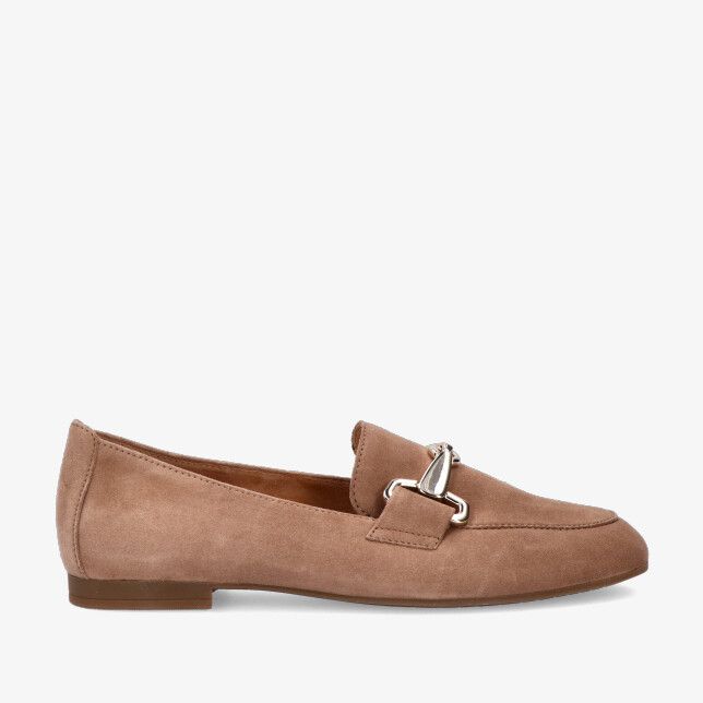 Bruine suède Gabor 85.211 18 loafer met zilverkleurige bit en lage hak