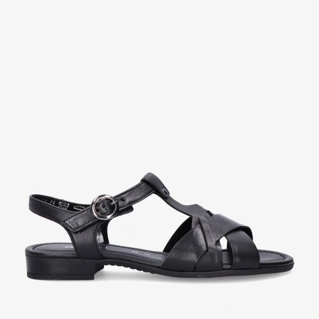 Zwarte leren sandaal Gabor 82.794 57 met kruisbanden open teen slingback met ronde gesp en lage hak