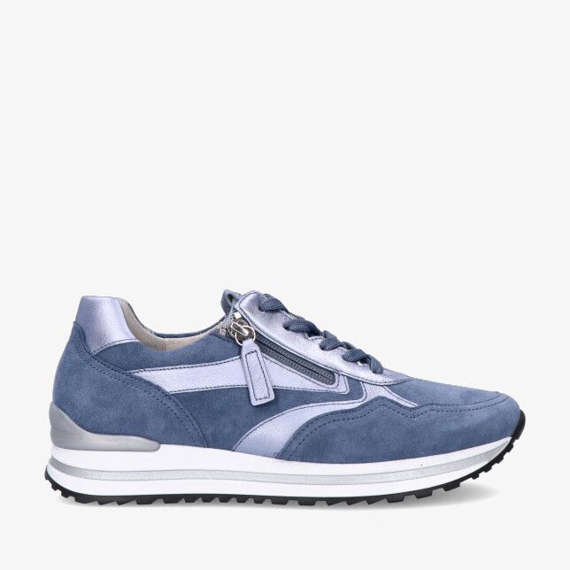Blauwe Gabor 86.524 26 sneaker in leercombi met suède en glanzend leer zijrits veters en witte zool met profiel