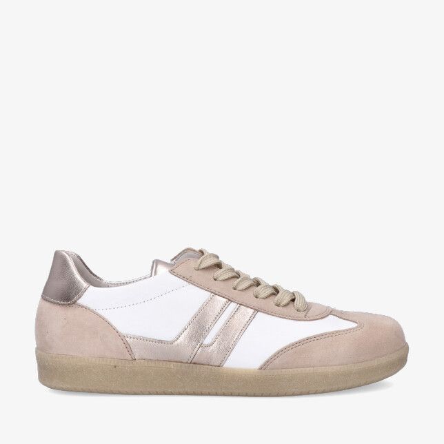 Beige Gabor 83.300 12 sneaker in lederen combi met suède overlays witte panelen metallic accenten en gumzool