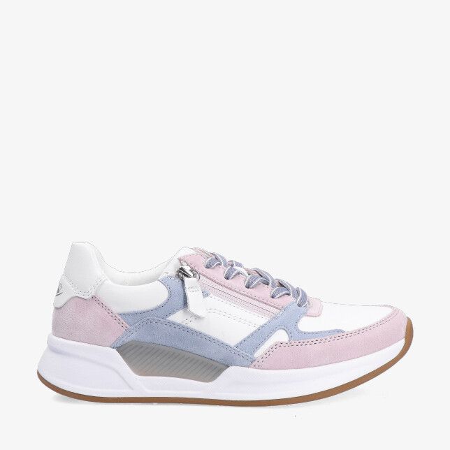 Roze Rolling Soft 86.958 53 sneaker in leren combi met blauwe suède details zijrits dikke witte zool en gumrand