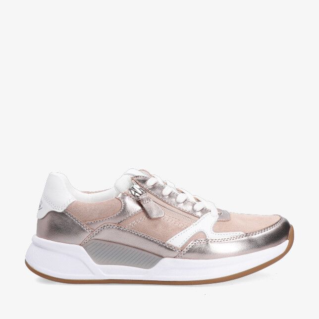 Beige Rolling Soft model 86.958.32 sneaker in een leren combinatie met metallic glans veters zijrits en dikke witte zool
