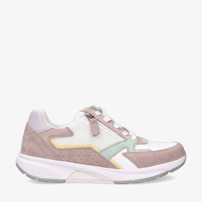 Beige Rolling Soft 86.878 34 sneaker in leren combi met suede en mesh pastelgroene en gele details rits naast veters zool