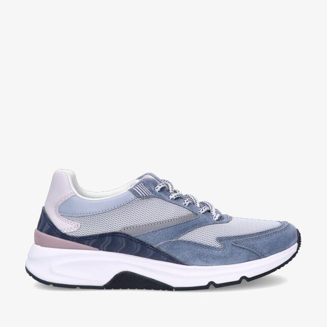 Blauwe Rolling Soft 86.895 56 sneaker in leren combi met suède en mesh details dikke witte zool en pastelroze hielaccent
