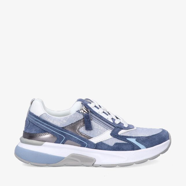 Blauwe lederen Rolling Soft 86.848 46 sneaker met suède panelen zijrits veters en dikke witte zool