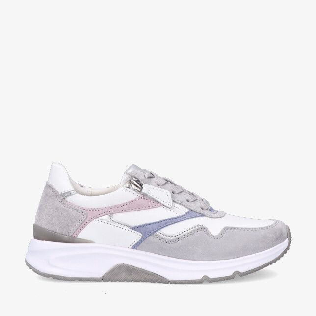 Witte leren Rolling Soft 86.896 53 sneaker met grijze suède overlays pastelroze en blauwe details rits en chunky zool