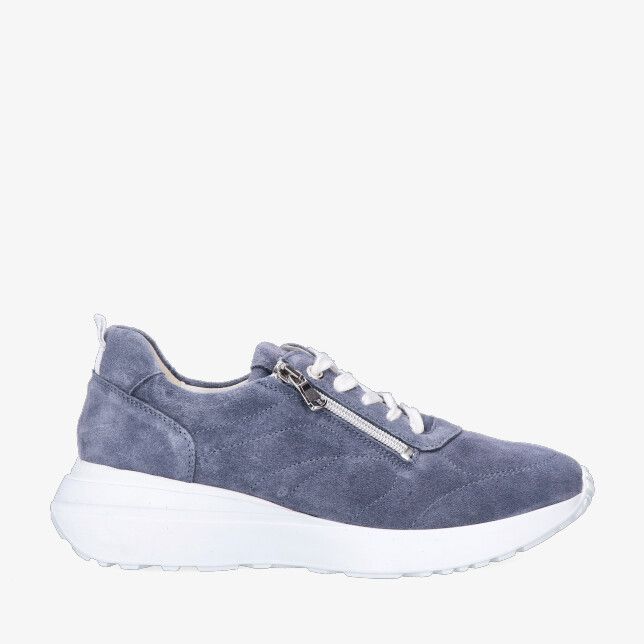 Blauwe suède Waldlaufer G-Jessy 253006 195 206 sneaker met veter en zijrits op een dikke witte zool